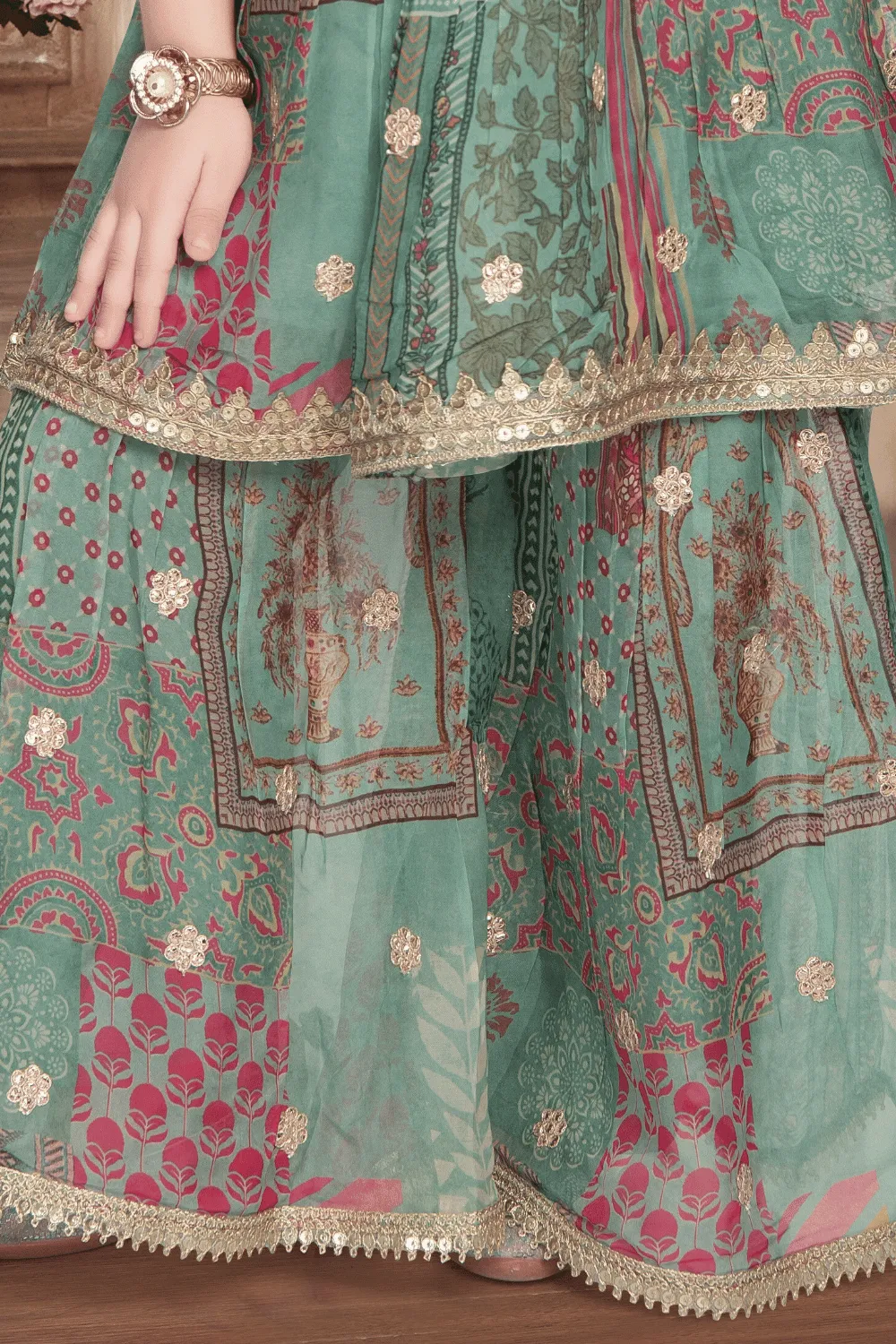 Green Digital Print, Zardozi and Pearl work Peplum Top and Sharara Set for Girls