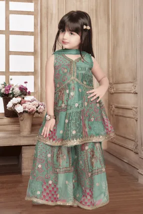 Green Digital Print, Zardozi and Pearl work Peplum Top and Sharara Set for Girls