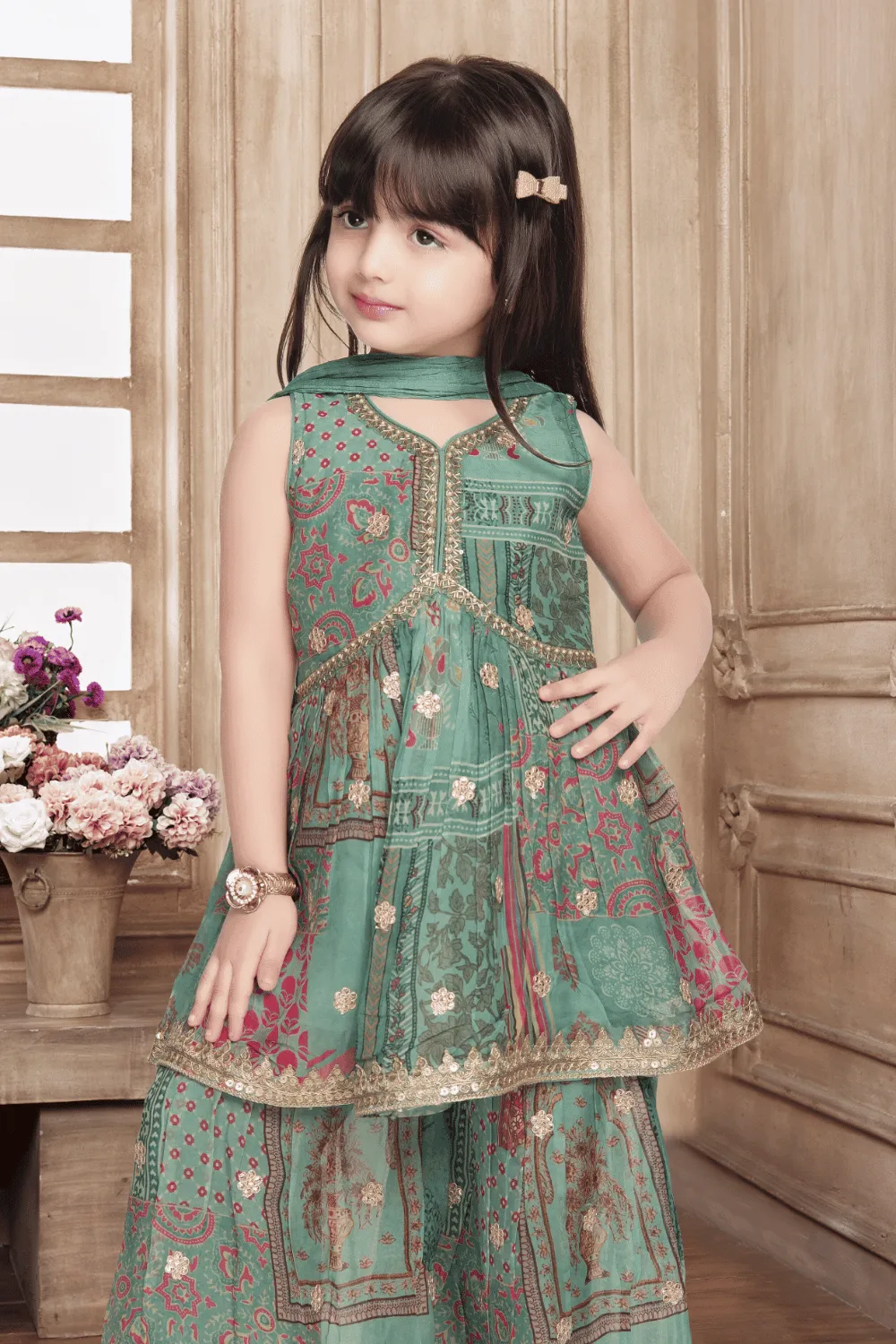 Green Digital Print, Zardozi and Pearl work Peplum Top and Sharara Set for Girls