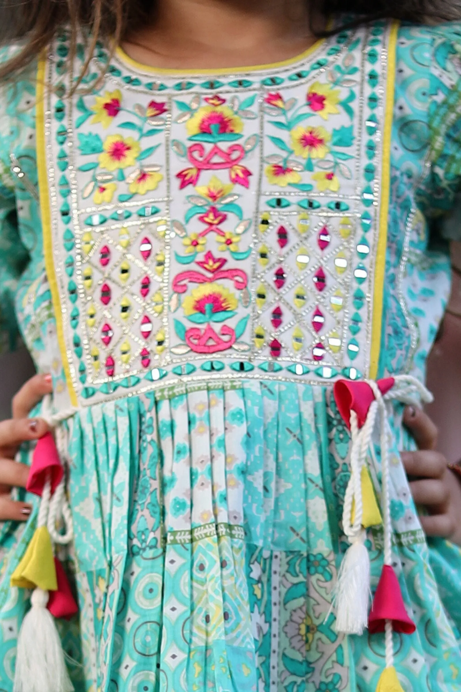 Green Embroidery and Mirror work with Digital Print Peplum Top and Sharara Set for Girls