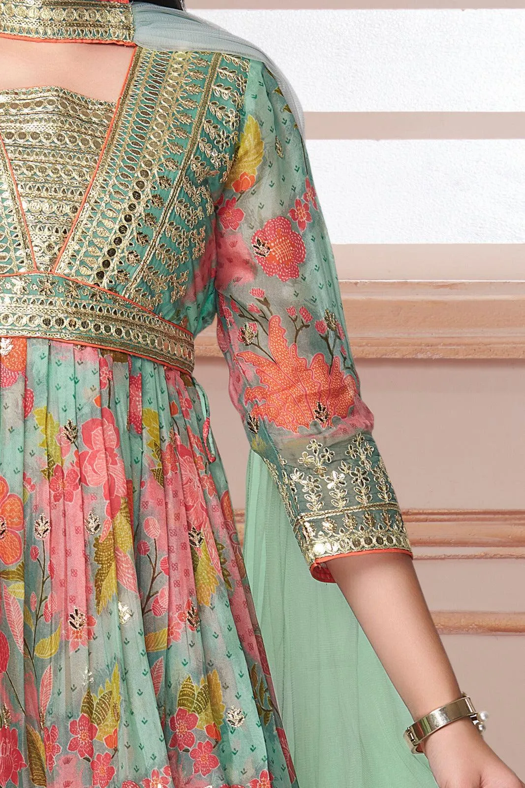 Green Floral Print, Sequins and Zari work Peplum Style Palazzo Suit Set for Girls