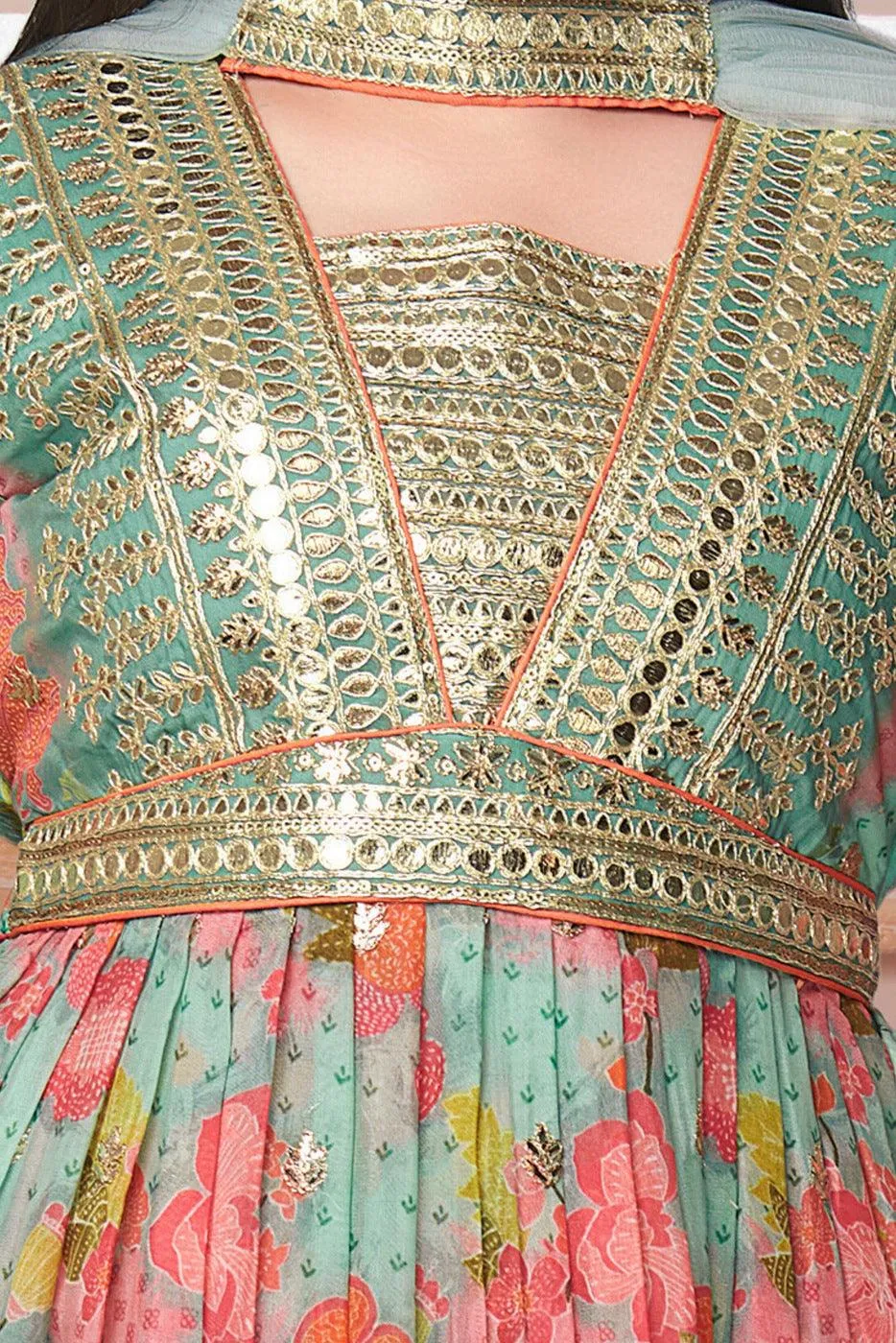 Green Floral Print, Sequins and Zari work Peplum Style Palazzo Suit Set for Girls