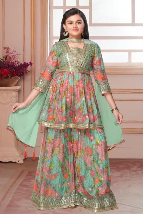 Green Floral Print, Sequins and Zari work Peplum Style Palazzo Suit Set for Girls