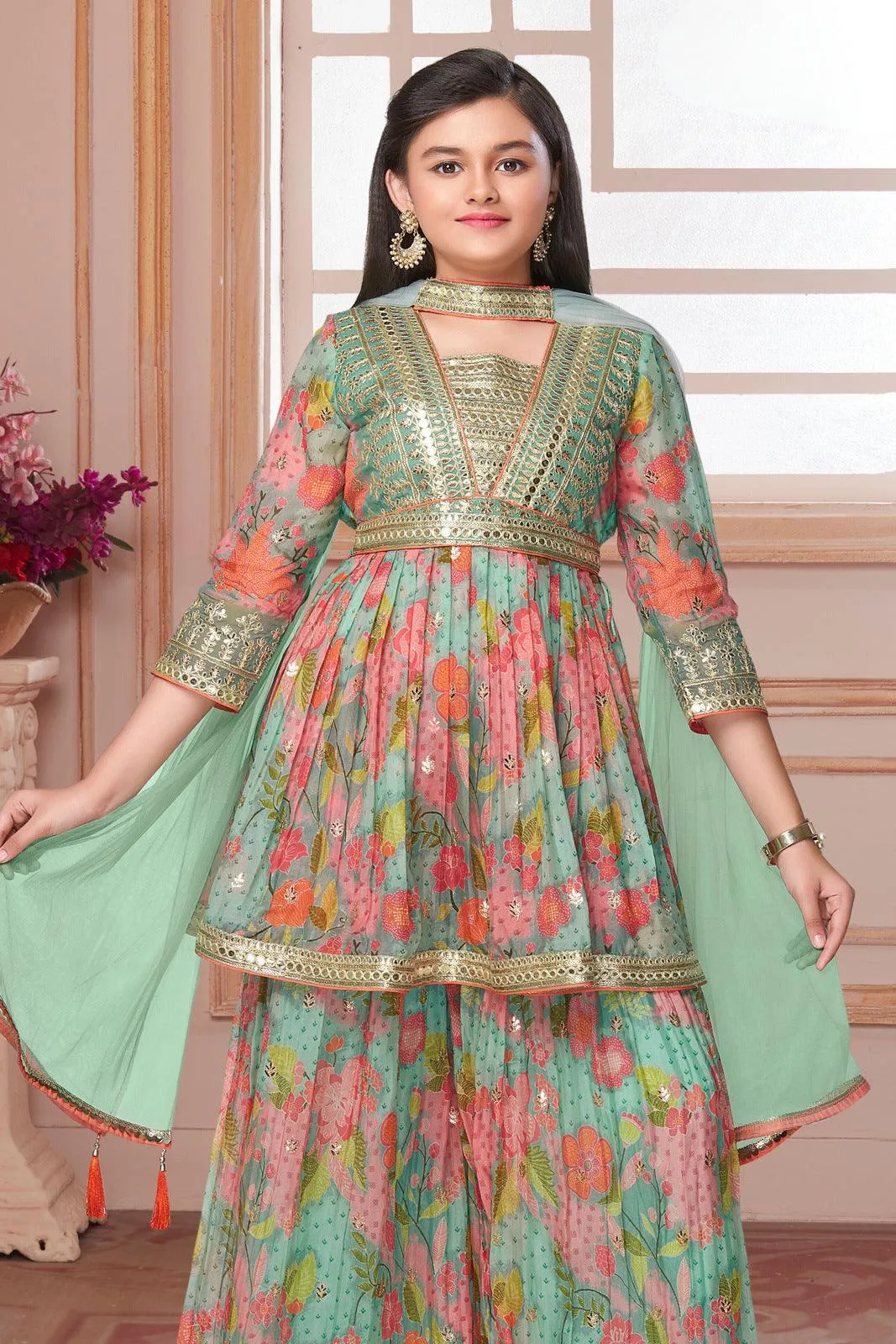 Green Floral Print, Sequins and Zari work Peplum Style Palazzo Suit Set for Girls