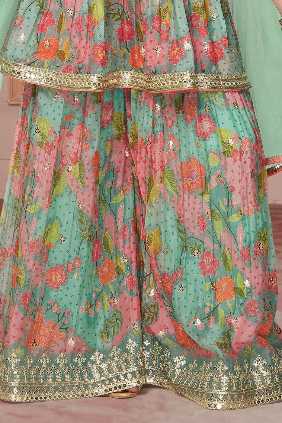 Green Floral Print, Sequins and Zari work Peplum Style Palazzo Suit Set for Girls