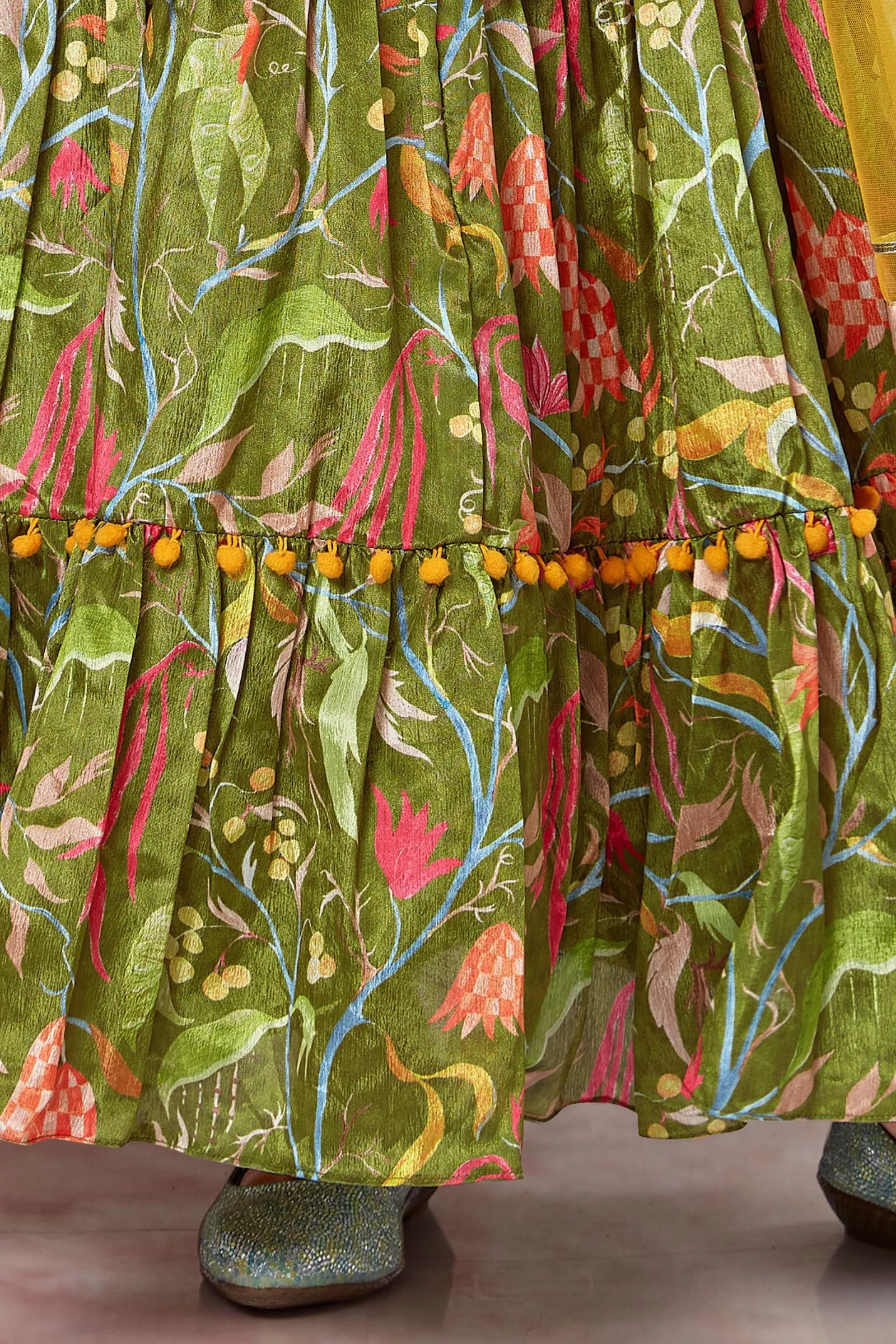 Green Multicolor Thread, Mirror and Stone work with Digital Print Lehenga Choli for Girls