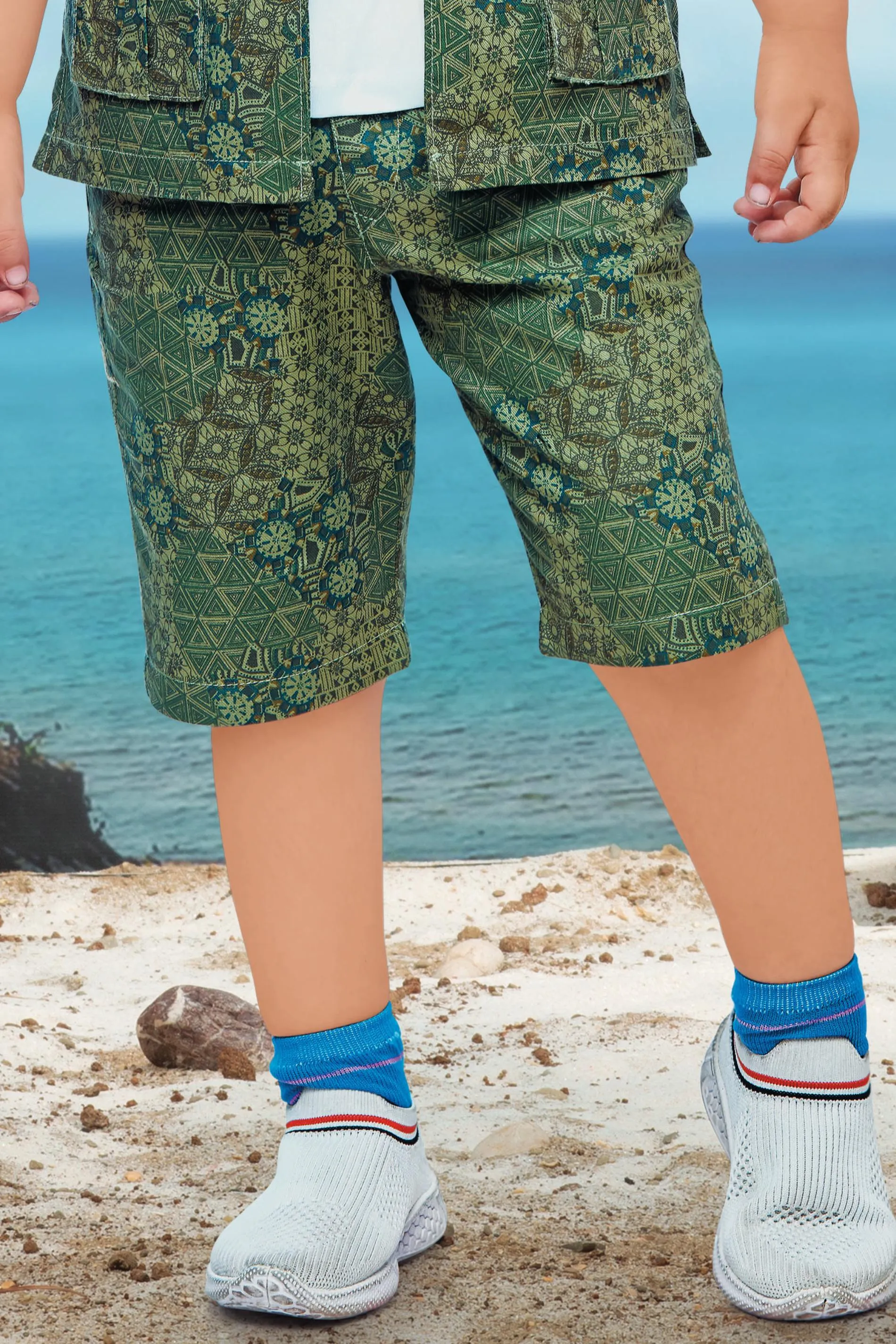 Green Printed Blazer with White T-Shirt and 3/4th Shorts for Boys with Belt