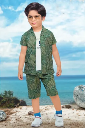 Green Printed Blazer with White T-Shirt and 3/4th Shorts for Boys with Belt