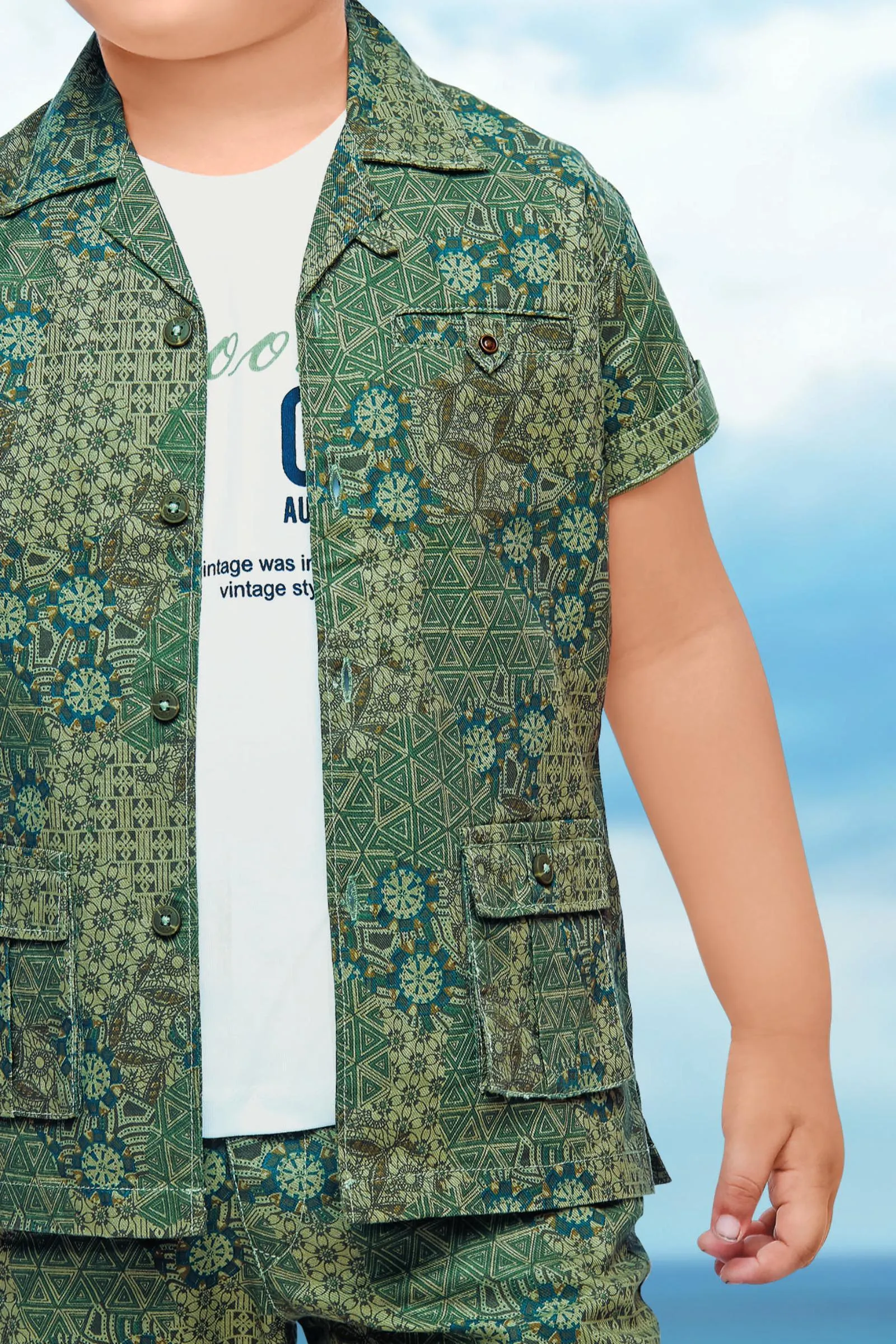 Green Printed Blazer with White T-Shirt and 3/4th Shorts for Boys with Belt