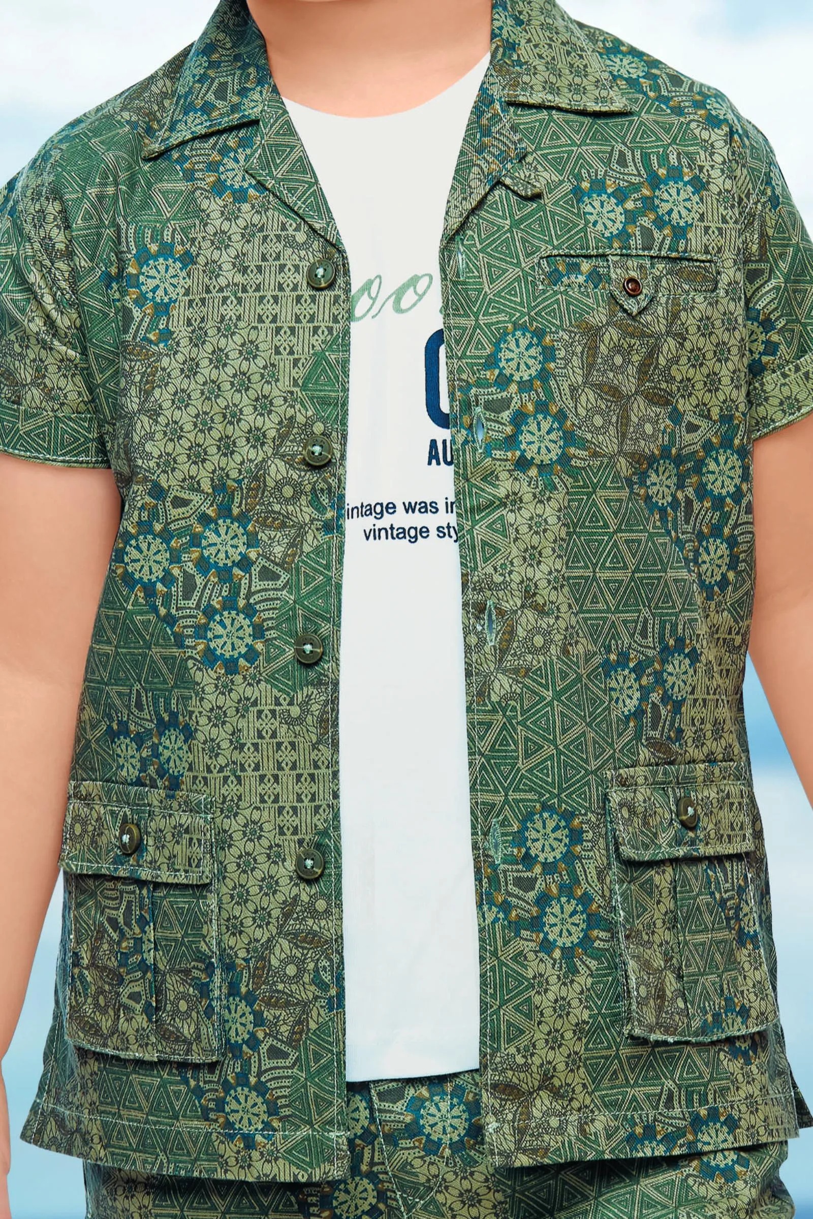 Green Printed Blazer with White T-Shirt and 3/4th Shorts for Boys with Belt
