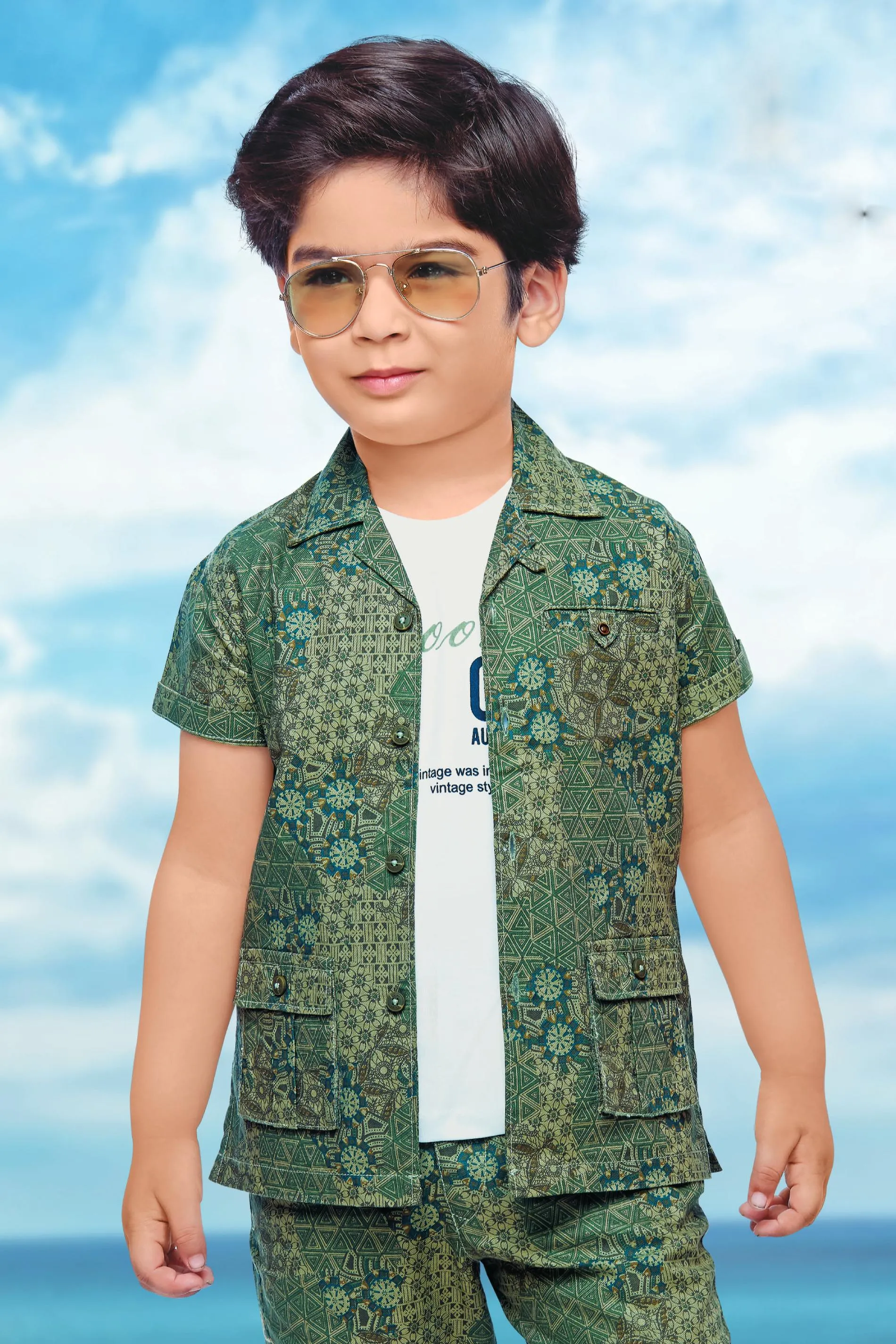 Green Printed Blazer with White T-Shirt and 3/4th Shorts for Boys with Belt