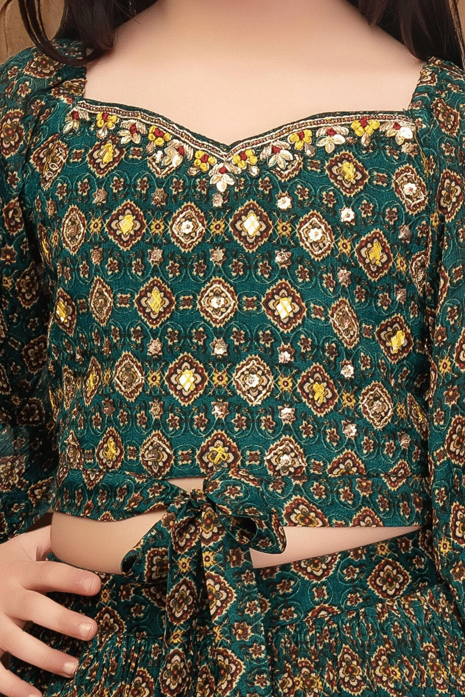 Green Sequins and Mirror work with Digital Print Lehenga Choli for Girls