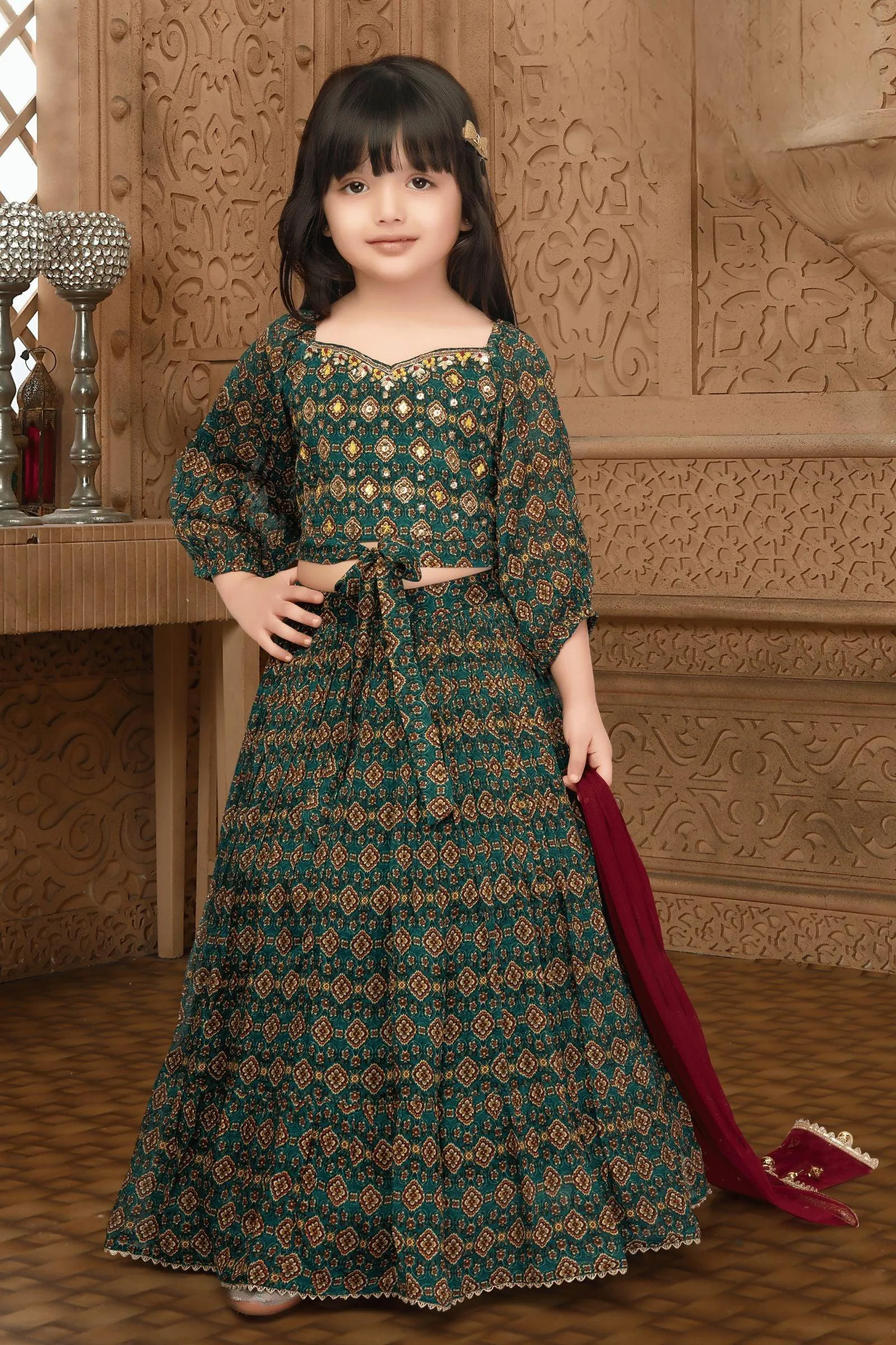 Green Sequins and Mirror work with Digital Print Lehenga Choli for Girls