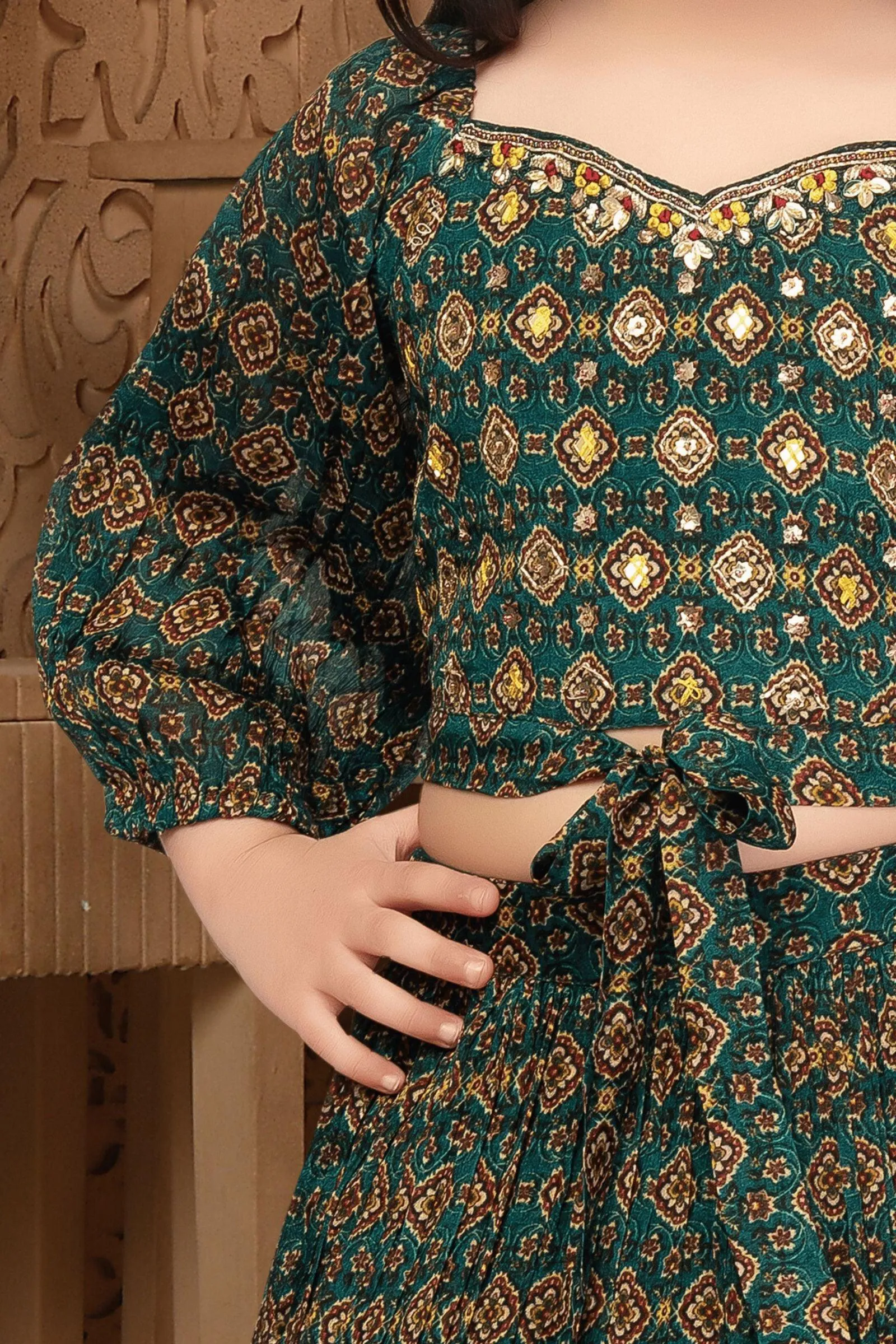 Green Sequins and Mirror work with Digital Print Lehenga Choli for Girls