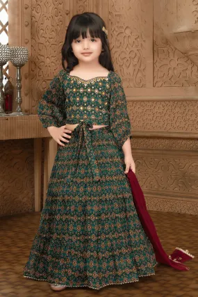 Green Sequins and Mirror work with Digital Print Lehenga Choli for Girls