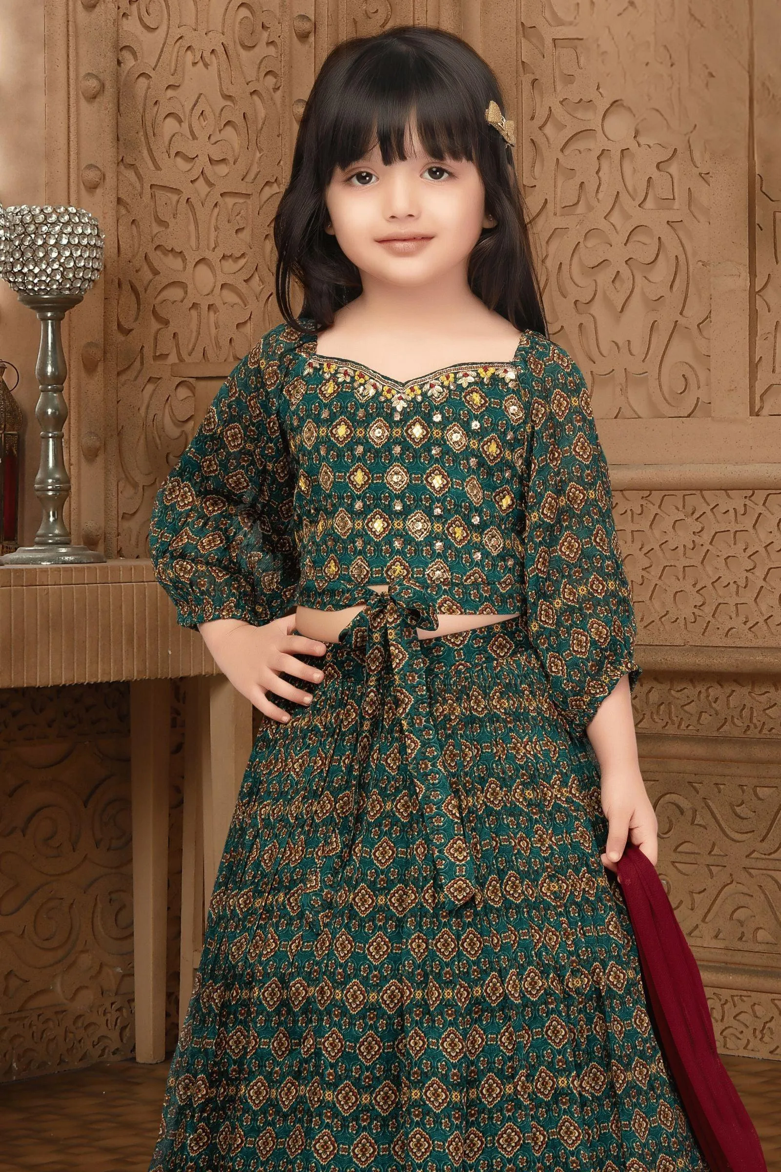 Green Sequins and Mirror work with Digital Print Lehenga Choli for Girls