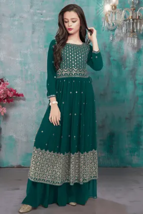 Green Sequins and Thread work for Girls Sharara Suit Set