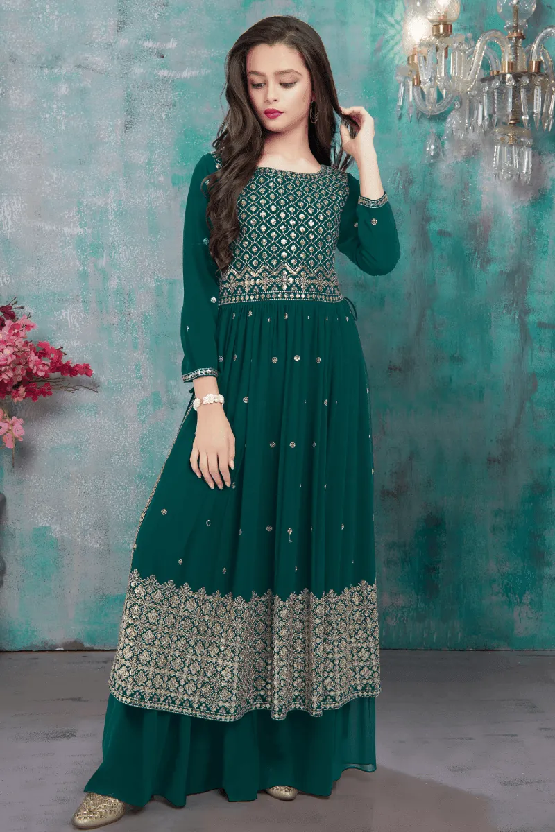 Green Sequins and Thread work for Girls Sharara Suit Set