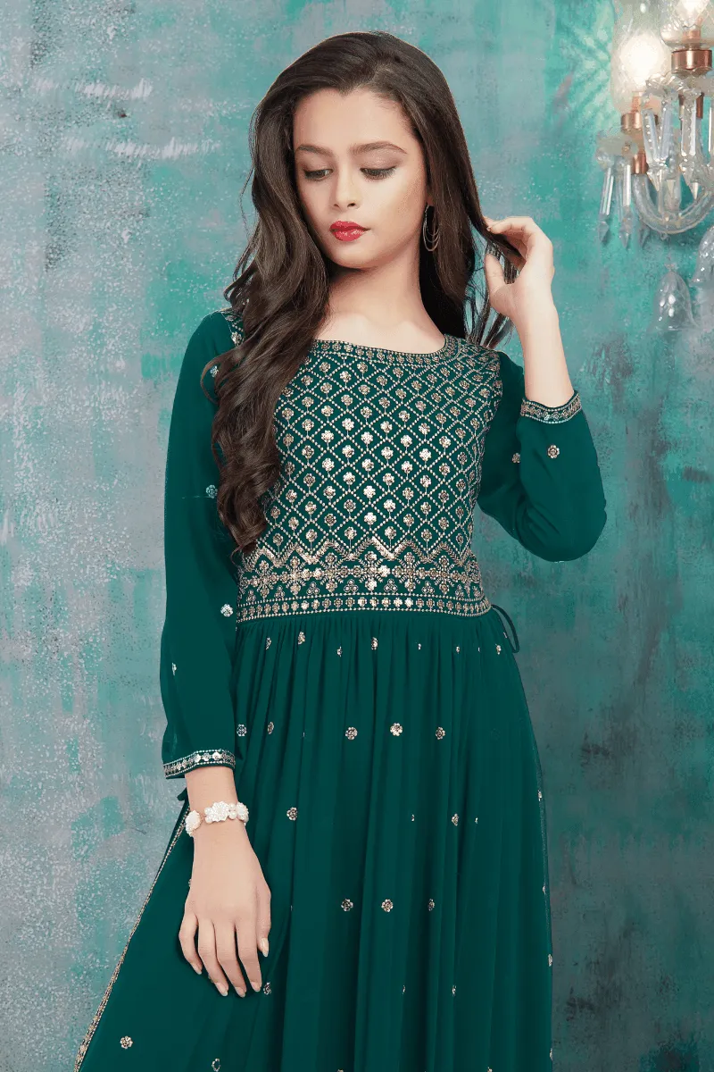 Green Sequins and Thread work for Girls Sharara Suit Set