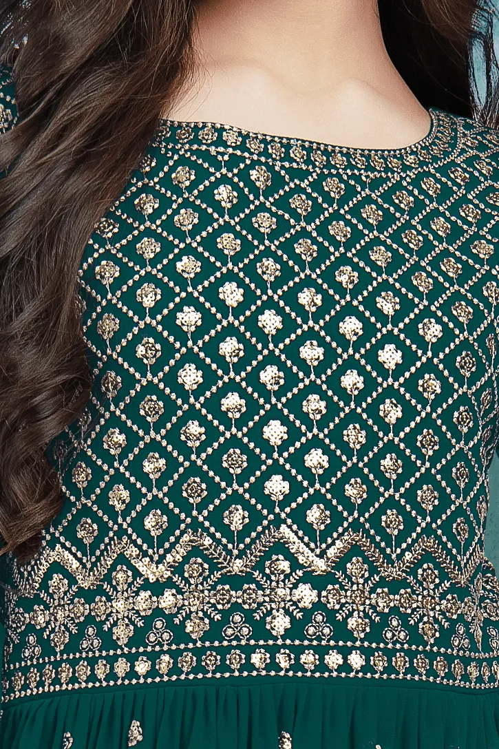 Green Sequins and Thread work for Girls Sharara Suit Set