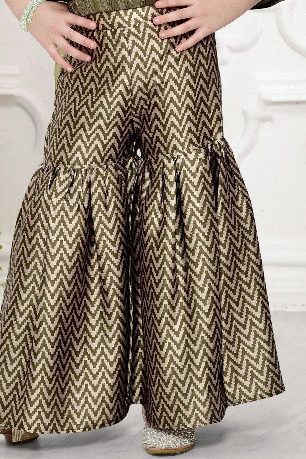 Green Sequins and Zari work Kaftan Styled Top and Sharara Set for Girls