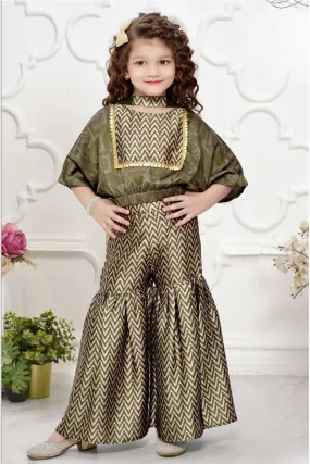 Green Sequins and Zari work Kaftan Styled Top and Sharara Set for Girls