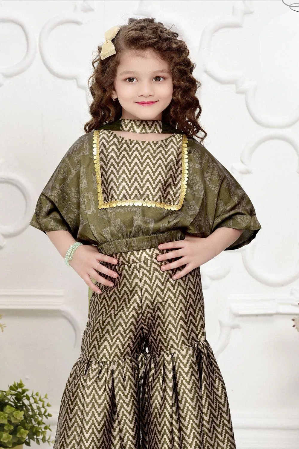 Green Sequins and Zari work Kaftan Styled Top and Sharara Set for Girls