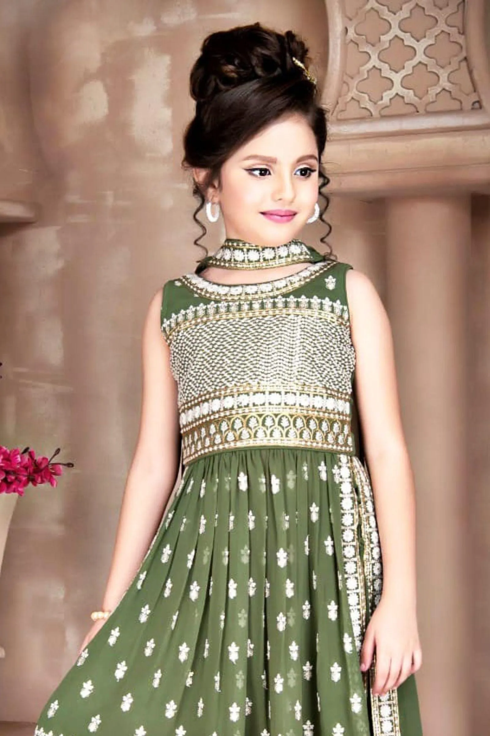 Green Thread, Zari and Sequins work for Girls Palazzo Suit Set