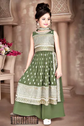 Green Thread, Zari and Sequins work for Girls Palazzo Suit Set