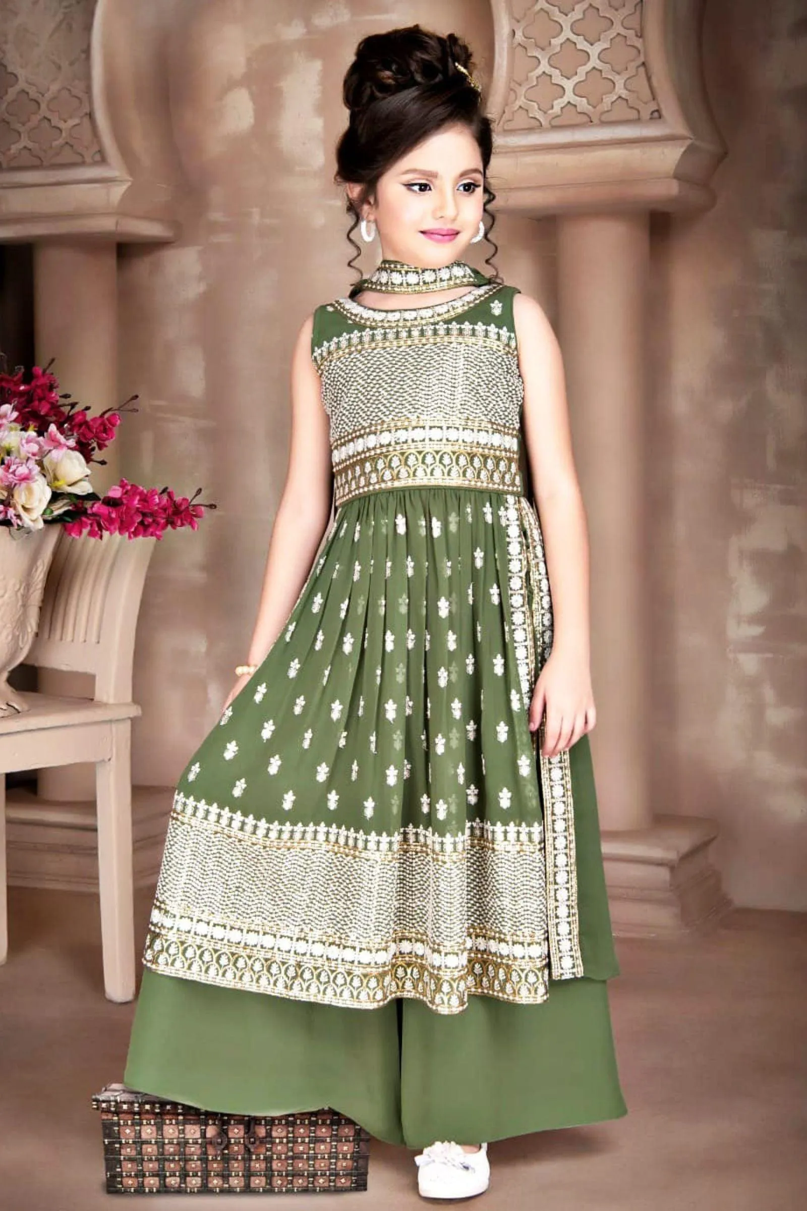 Green Thread, Zari and Sequins work for Girls Palazzo Suit Set