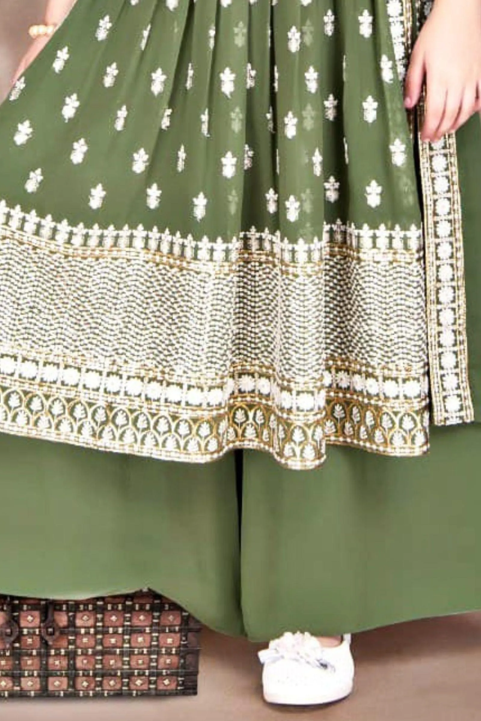 Green Thread, Zari and Sequins work for Girls Palazzo Suit Set