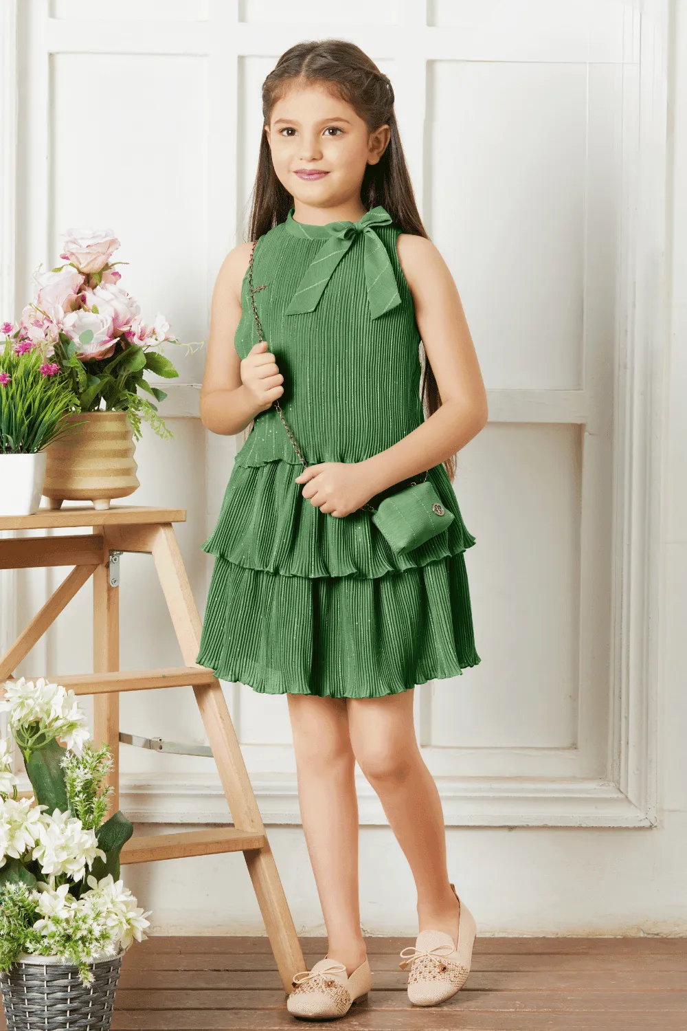 Green Top and Divider Skirt for Girls with Matching Purse