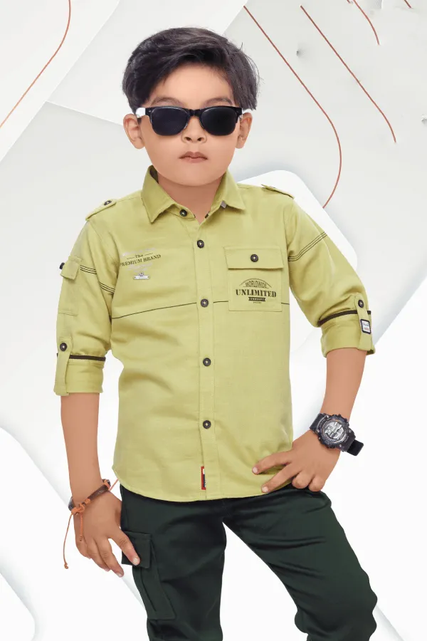 Green with Black Casual wear Pant and Shirt Set for Boys