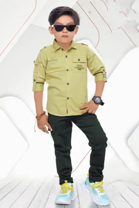 Green with Black Casual wear Pant and Shirt Set for Boys