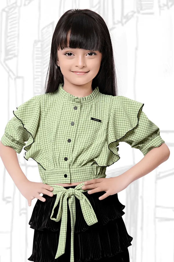 Green with Black Checked Printed Top and Divider Skirt for Girls