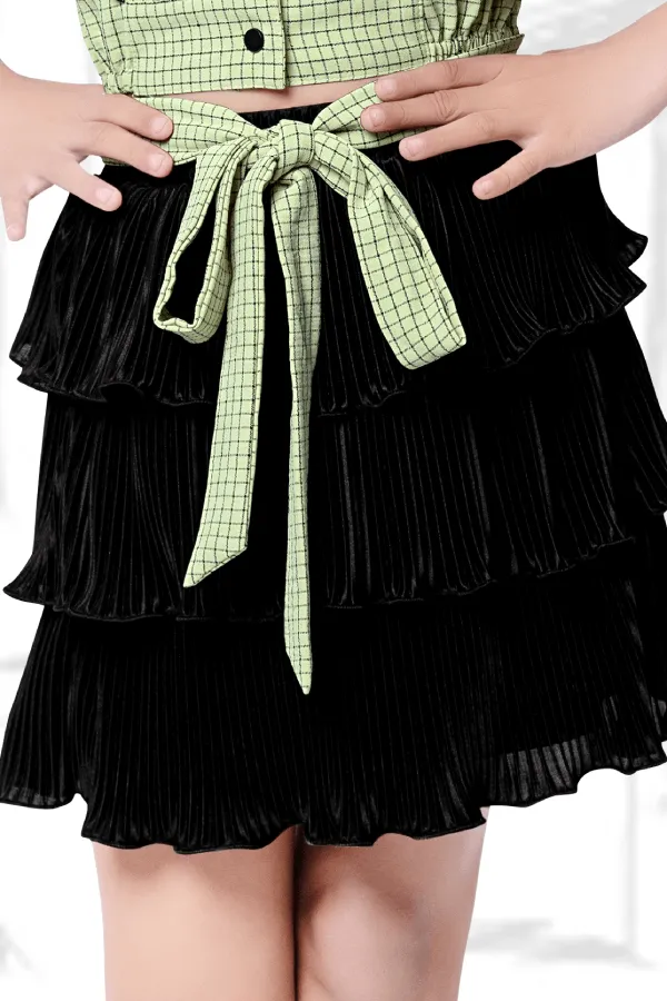 Green with Black Checked Printed Top and Divider Skirt for Girls