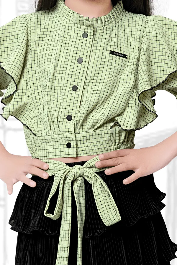 Green with Black Checked Printed Top and Divider Skirt for Girls