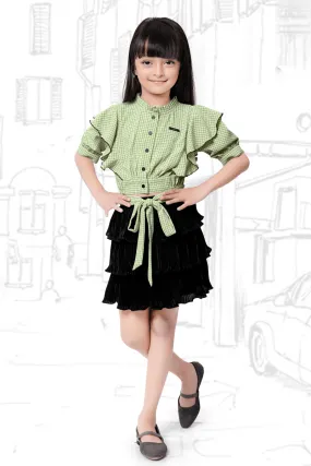 Green with Black Checked Printed Top and Divider Skirt for Girls