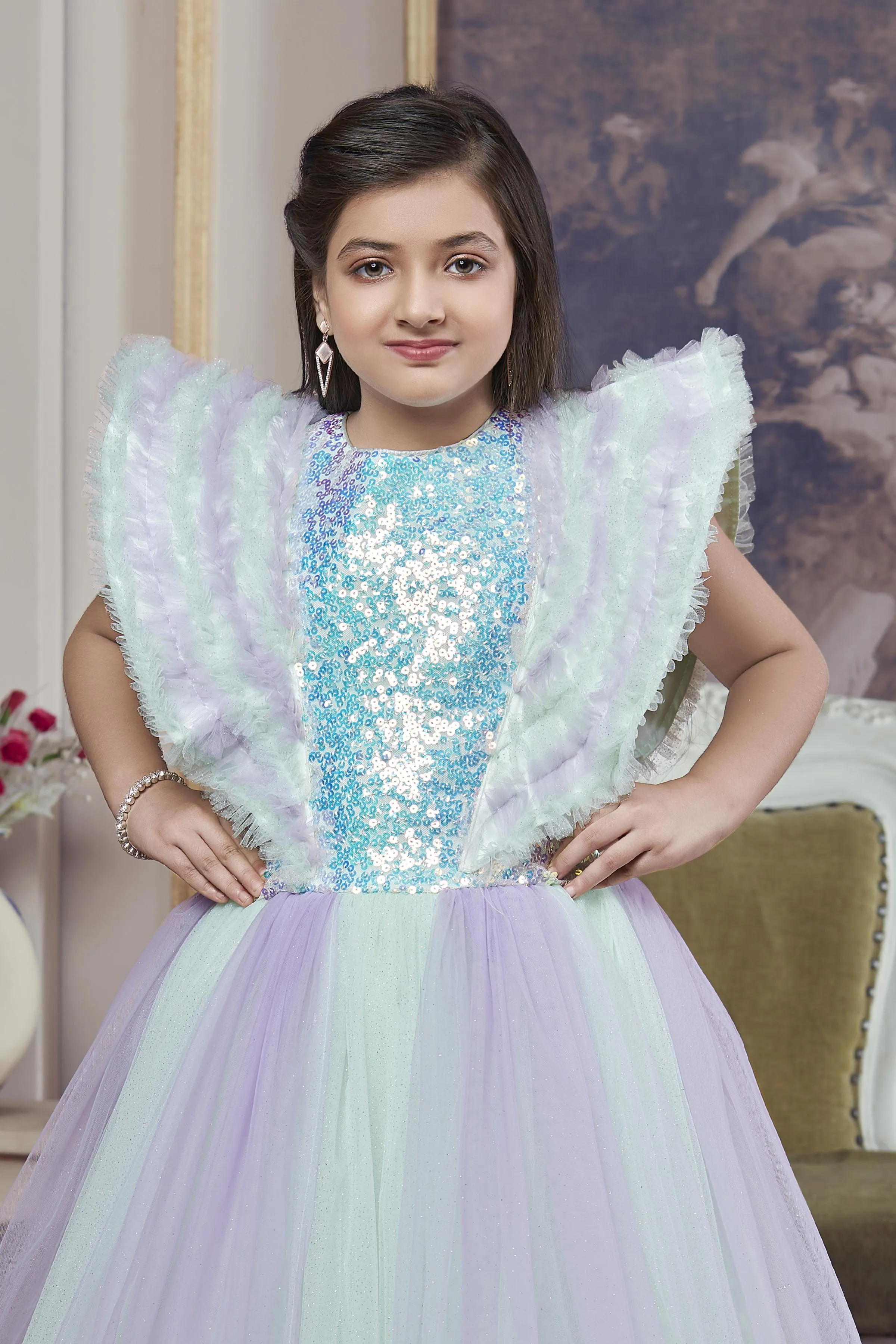 Green with Lavender Sequins and Glitter work Long Party Gown for Girls