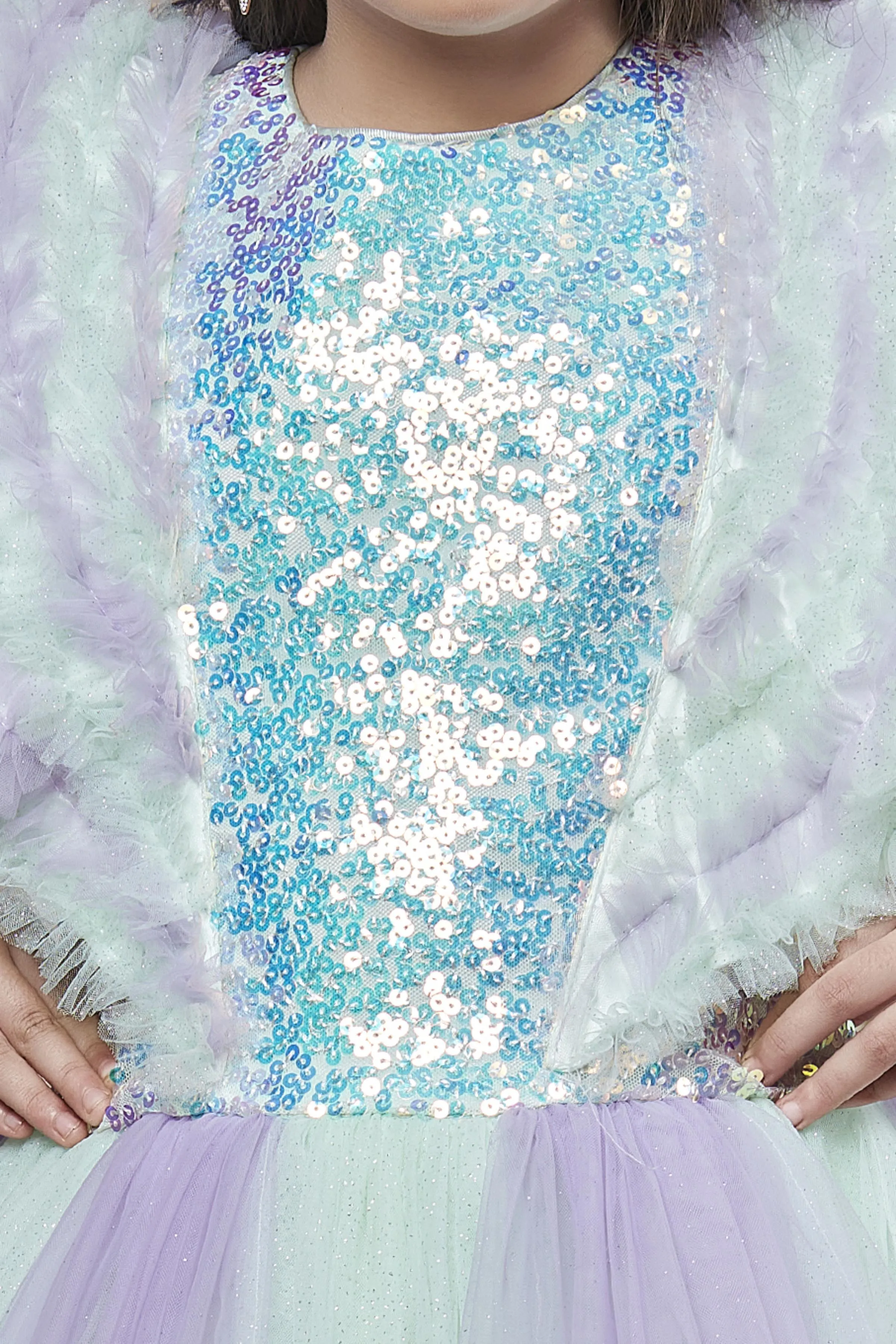 Green with Lavender Sequins and Glitter work Long Party Gown for Girls