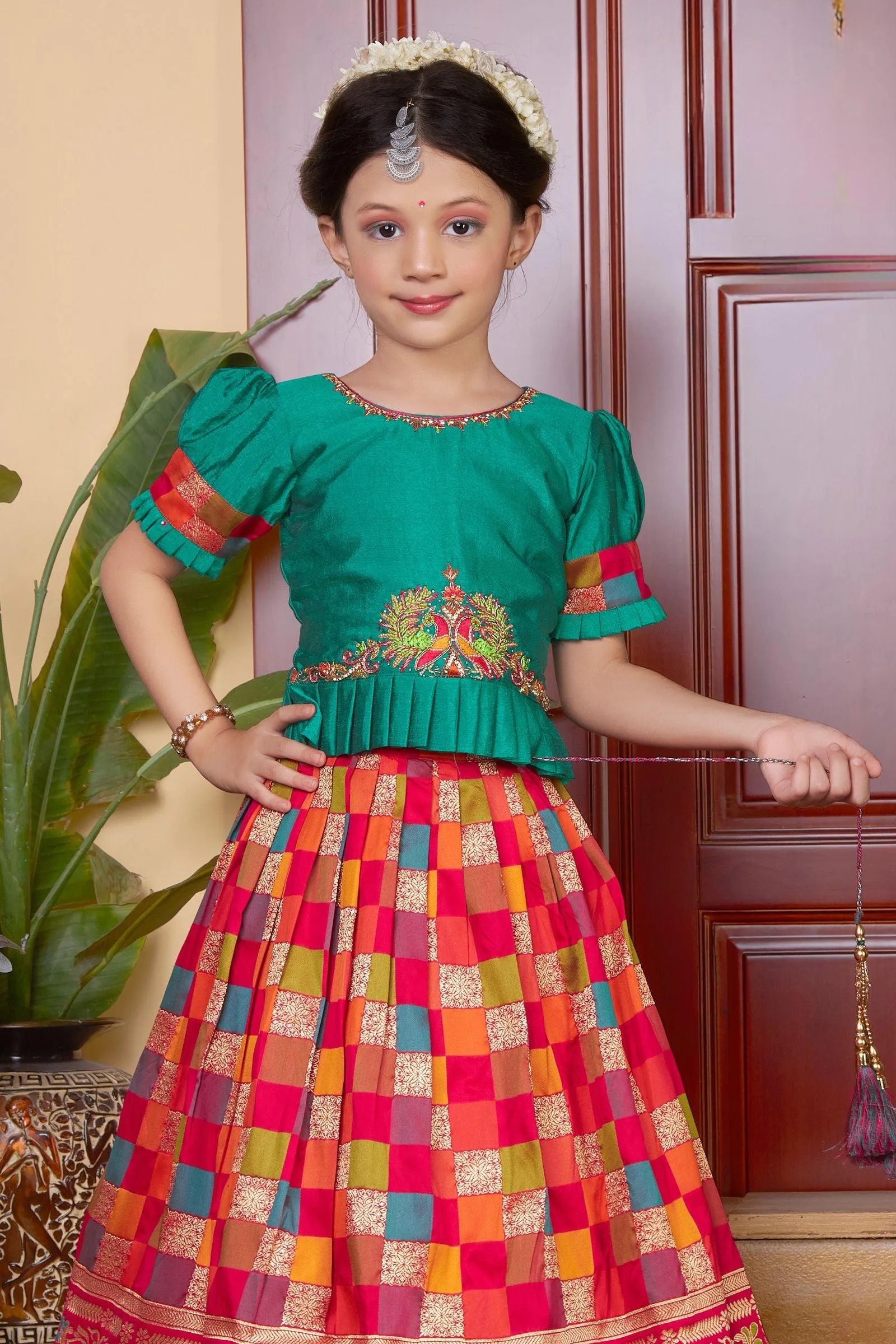 Green with Multicolor Banaras, Pearl, Beads and Zardozi work Lehenga Choli for Girls