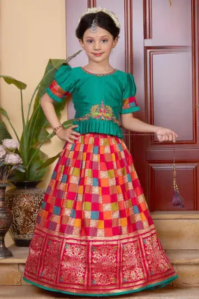 Green with Multicolor Banaras, Pearl, Beads and Zardozi work Lehenga Choli for Girls