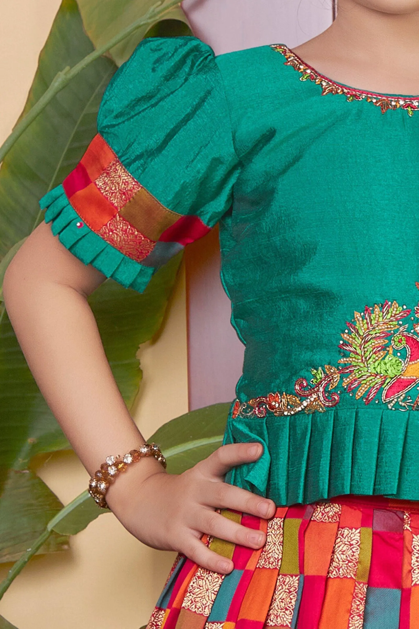 Green with Multicolor Banaras, Pearl, Beads and Zardozi work Lehenga Choli for Girls