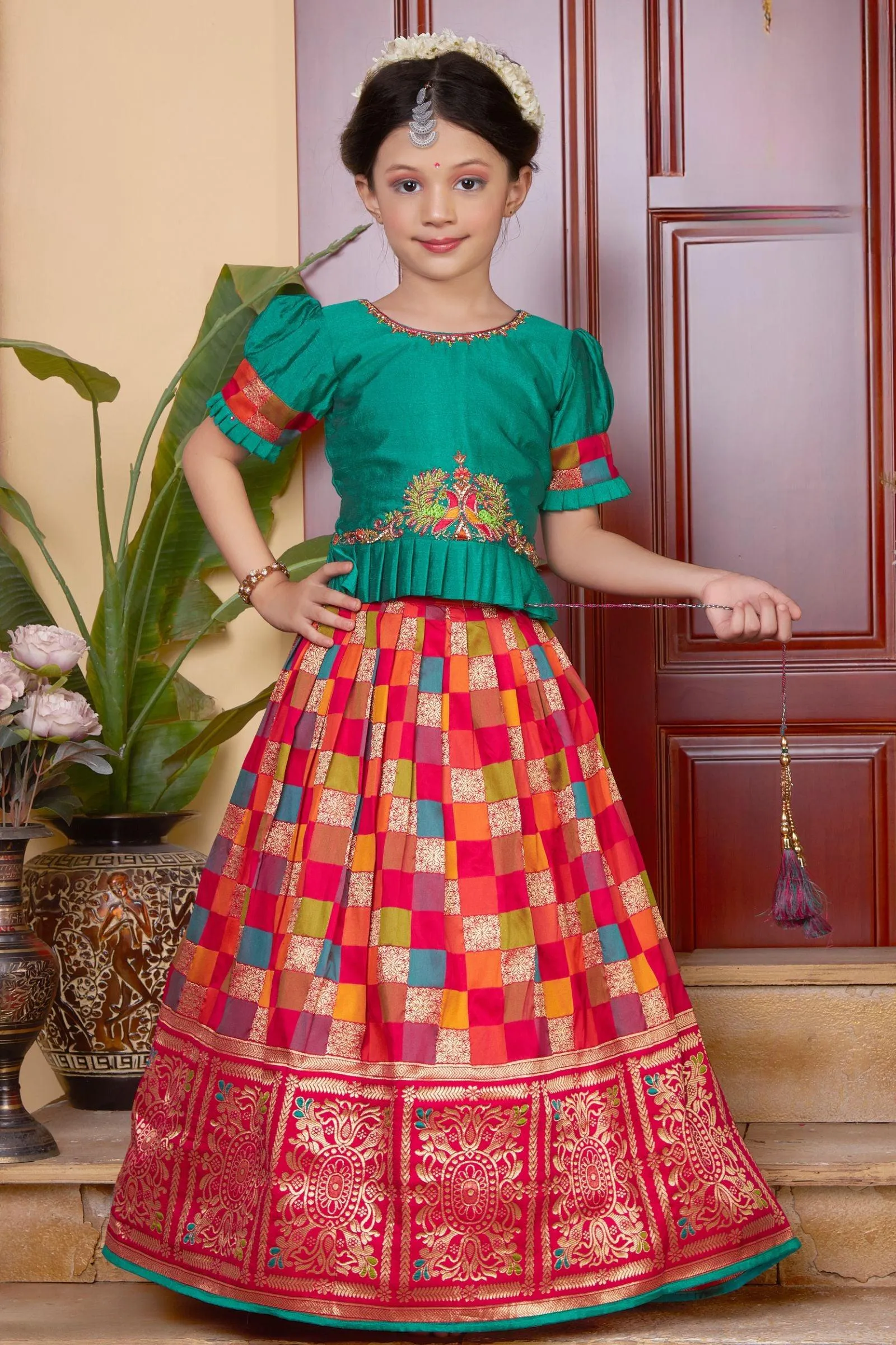 Green with Multicolor Banaras, Pearl, Beads and Zardozi work Lehenga Choli for Girls
