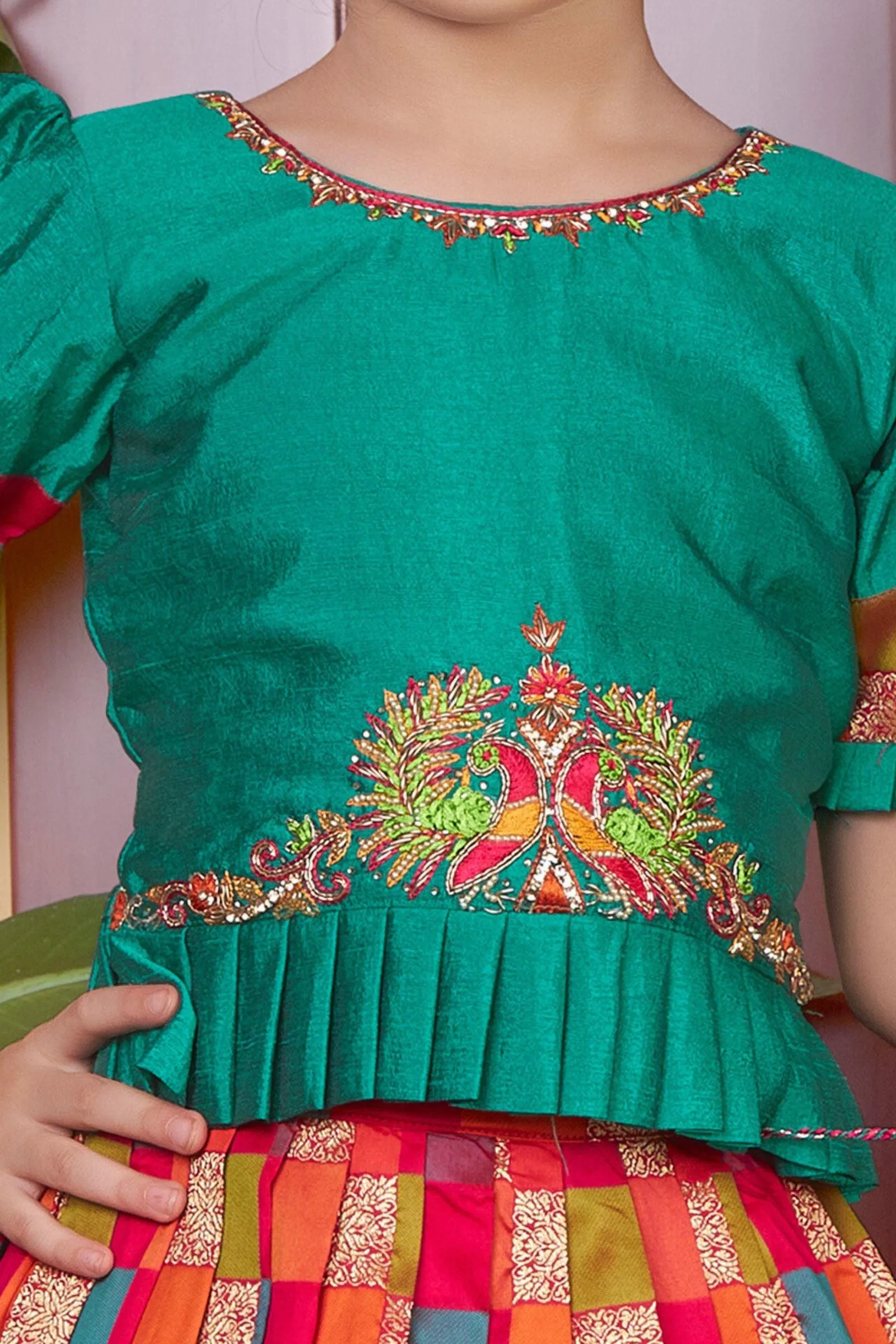 Green with Multicolor Banaras, Pearl, Beads and Zardozi work Lehenga Choli for Girls