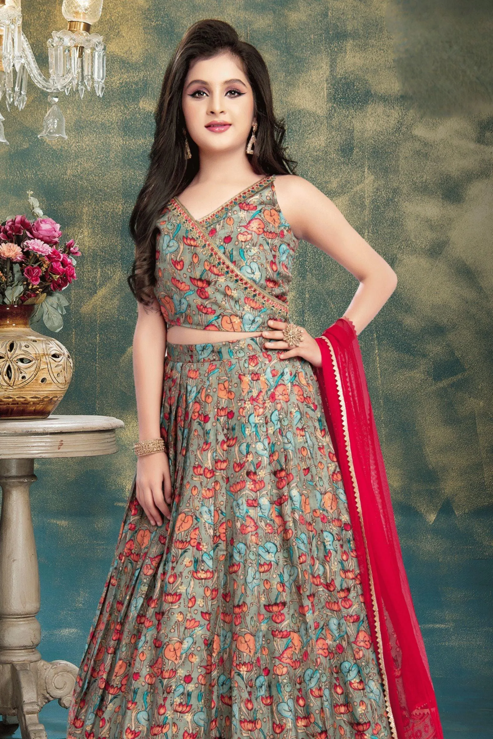 Green with Multicolor Digital Print, Mirror, Zardozi and Stone work Lehenga Choli for Girls