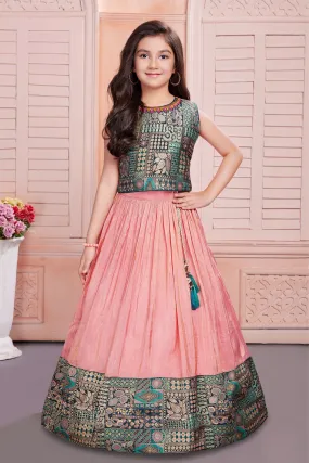 Green with Pink Banaras work Lehenga Choli for Girls