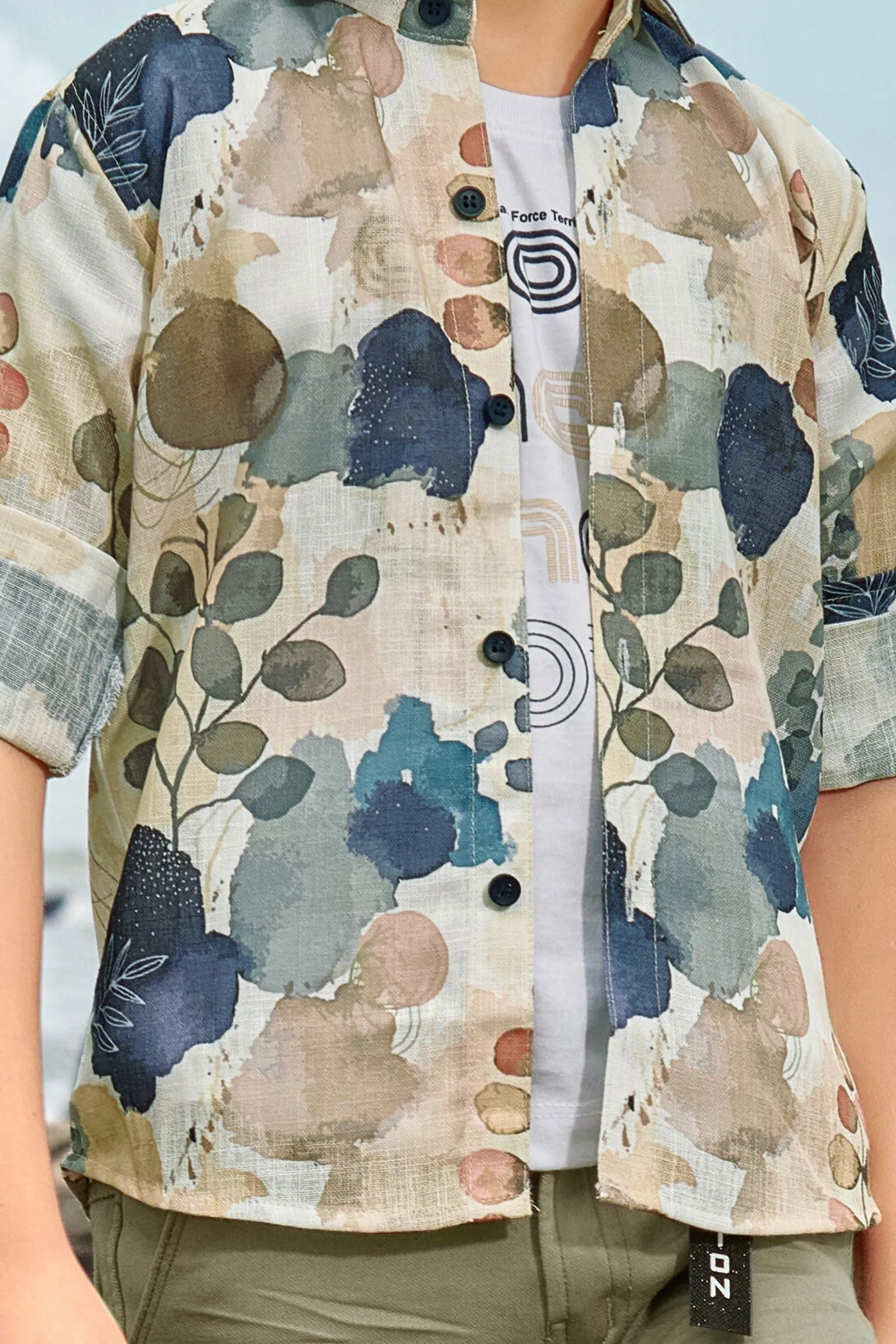 Green with White Printed Blazer, T-Shirt and Pant Set for Boys with Belt