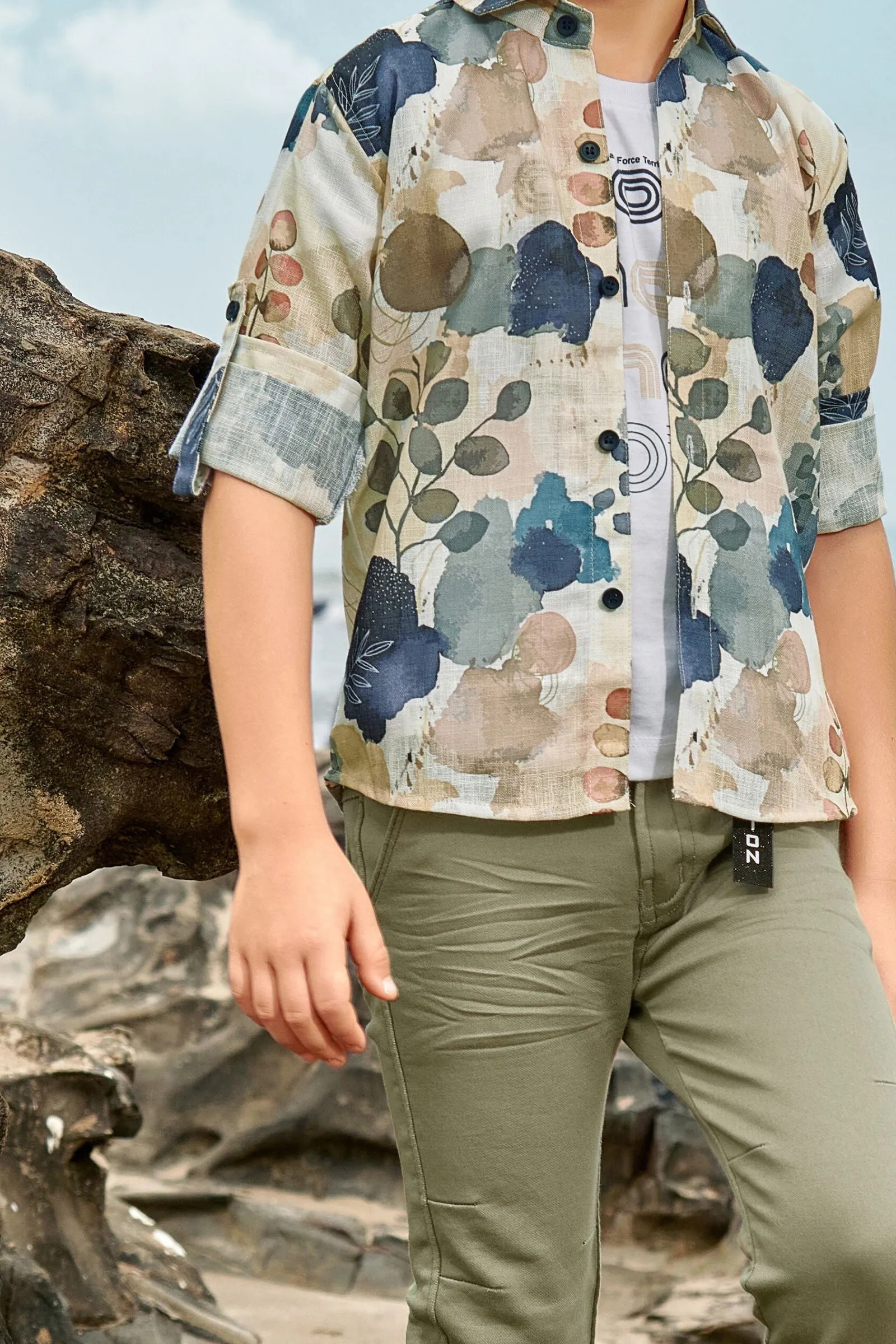 Green with White Printed Blazer, T-Shirt and Pant Set for Boys with Belt