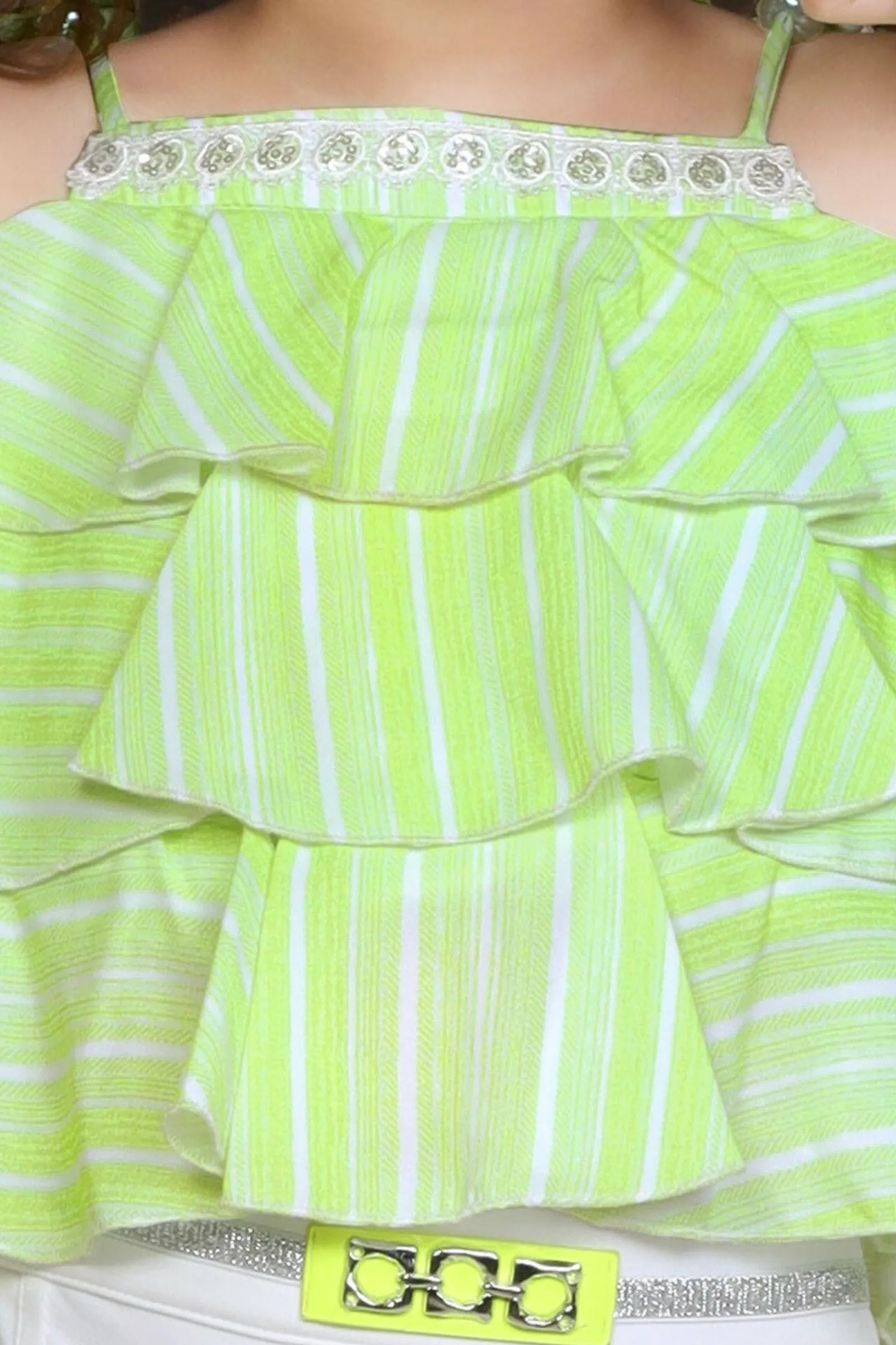 Green with White Printed Top and Shorts For Girls